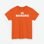 Oranje T-shirt met grote frontprint 'KONING' en kroon