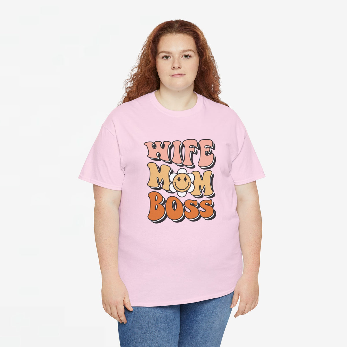 Roze T-shirt met ronde hals en grote opdruk 'WIFE MOM BOSS'