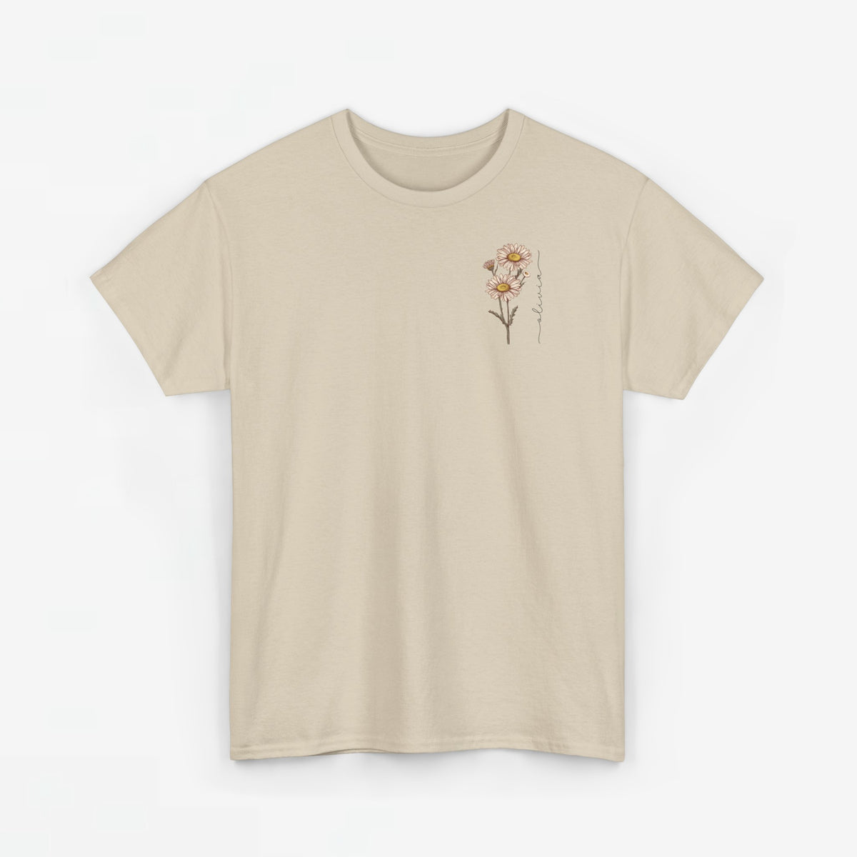 T-shirt beige met kleine bloemenprint op de borst