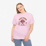 Roze oversized T-shirt met rode stripfiguur- en wijnglasprint, ronde hals