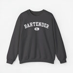 Donkere grijze trui met ronde hals en BARTENDER-print met klein NL-logo
