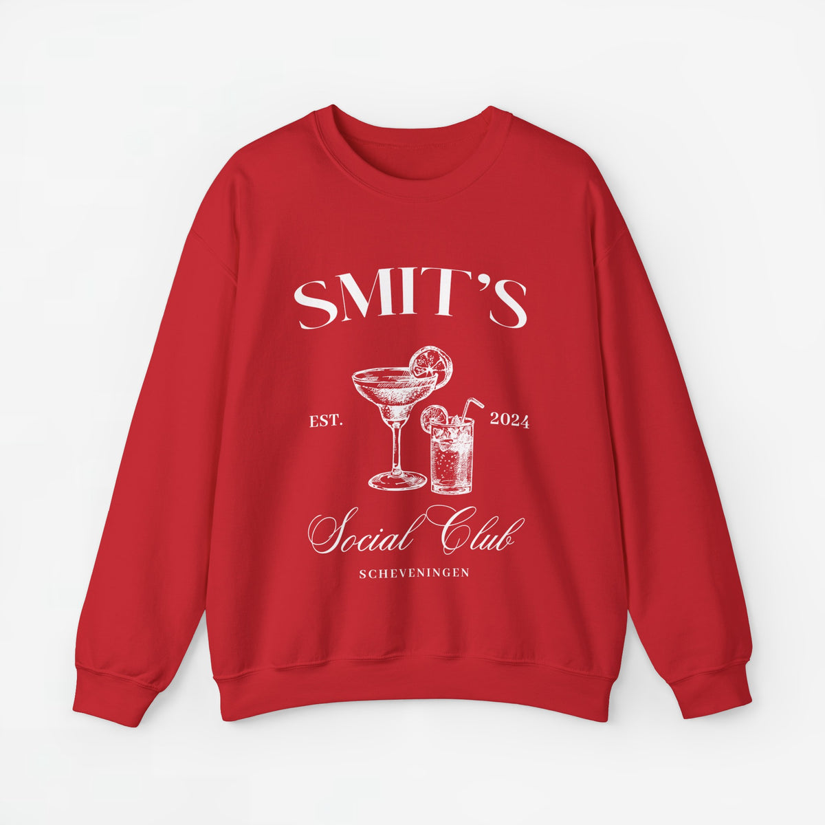Rode sweatshirt met ronde hals en print van bekers en tekst op de borst.