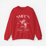 Rode sweatshirt met ronde hals en print van bekers en tekst op de borst.