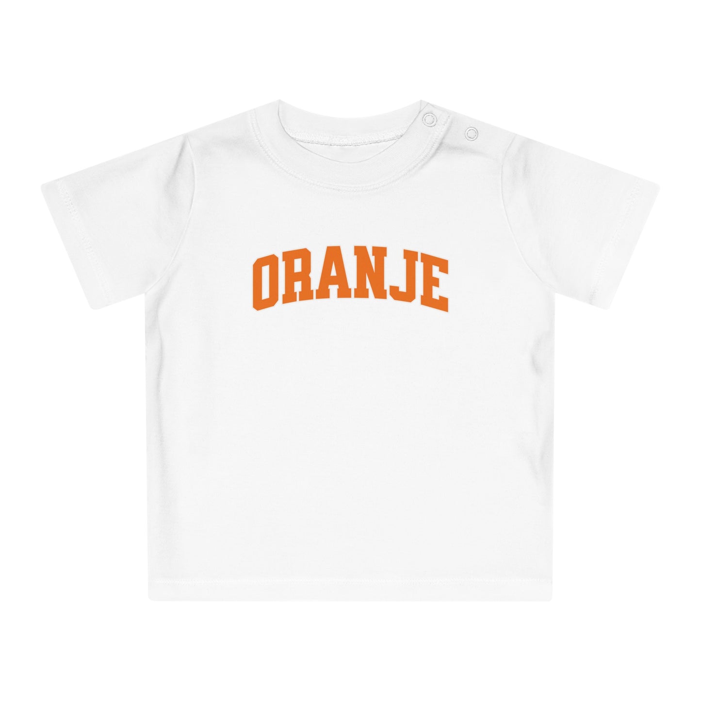 Baby T-shirt voor EK, WK en Koningsdag - ORANJE tekst