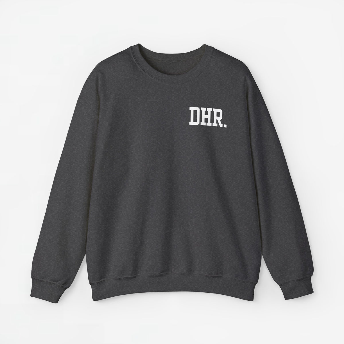 Donkere grijze herentrui met ronde hals en witte opdruk DHR op de borst