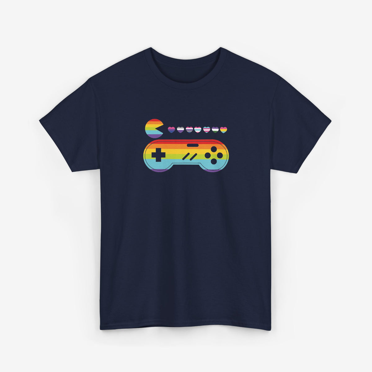 Donkerblauwe t-shirt met regenboog gamecontroller en kleine hartjes opdruk