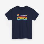 Donkerblauwe t-shirt met regenboog gamecontroller en kleine hartjes opdruk