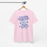 Roze t-shirt op hanger met ronde hals en blauwe ‘Super Mama’ print