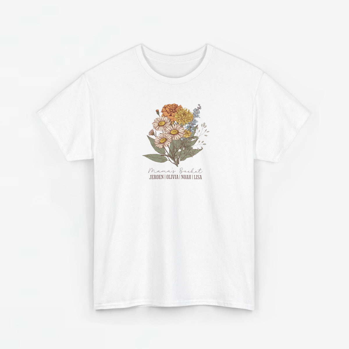 Wit T-shirt met bloemenboeketprint en tekst onderaan in bruin en groen.