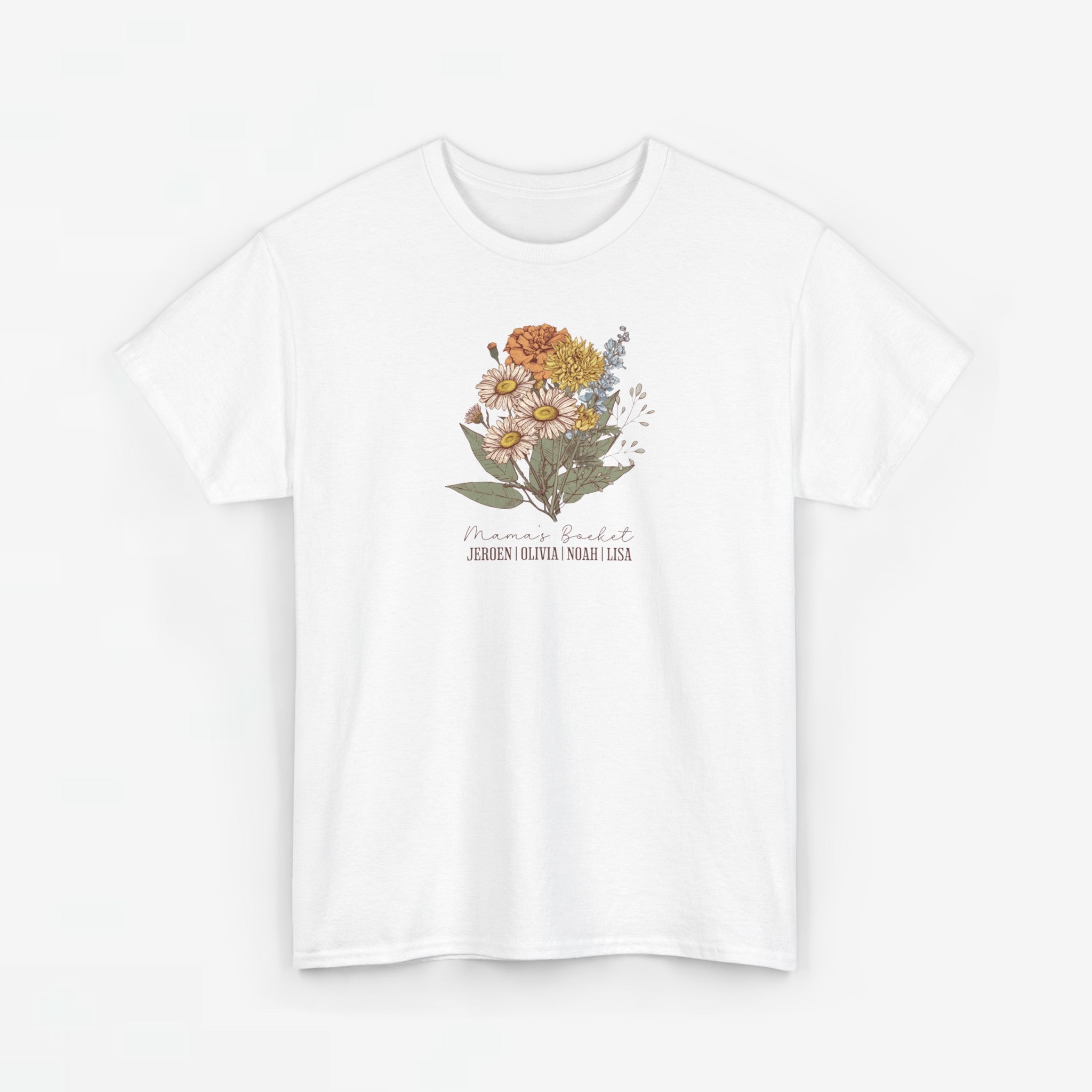 Gepersonaliseerde Moederdag Mama Cadeau - T-shirt - Mama's boeket met namen en geboortemaand bloemen