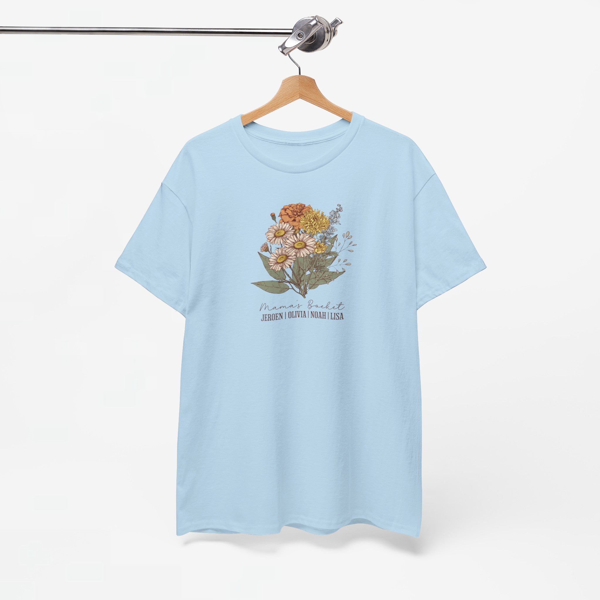 Gepersonaliseerde Moederdag Mama Cadeau - T-shirt - Mama's boeket met namen en geboortemaand bloemen