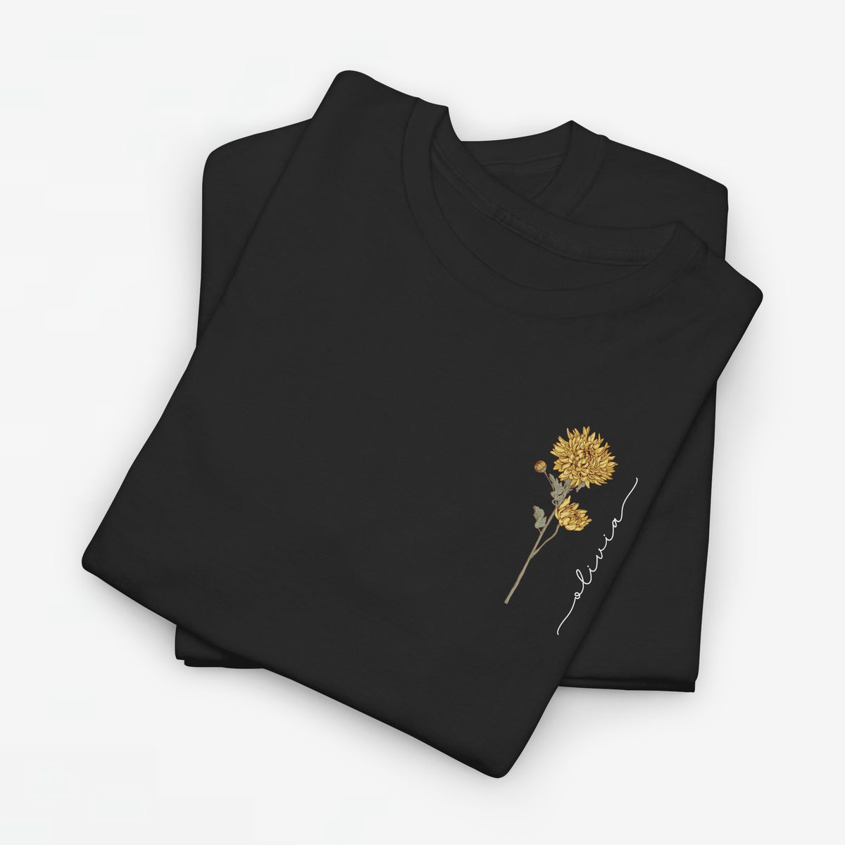 Zwart T-shirt met kleine bloemillustratie op de borst, met dunne lijnfiguur