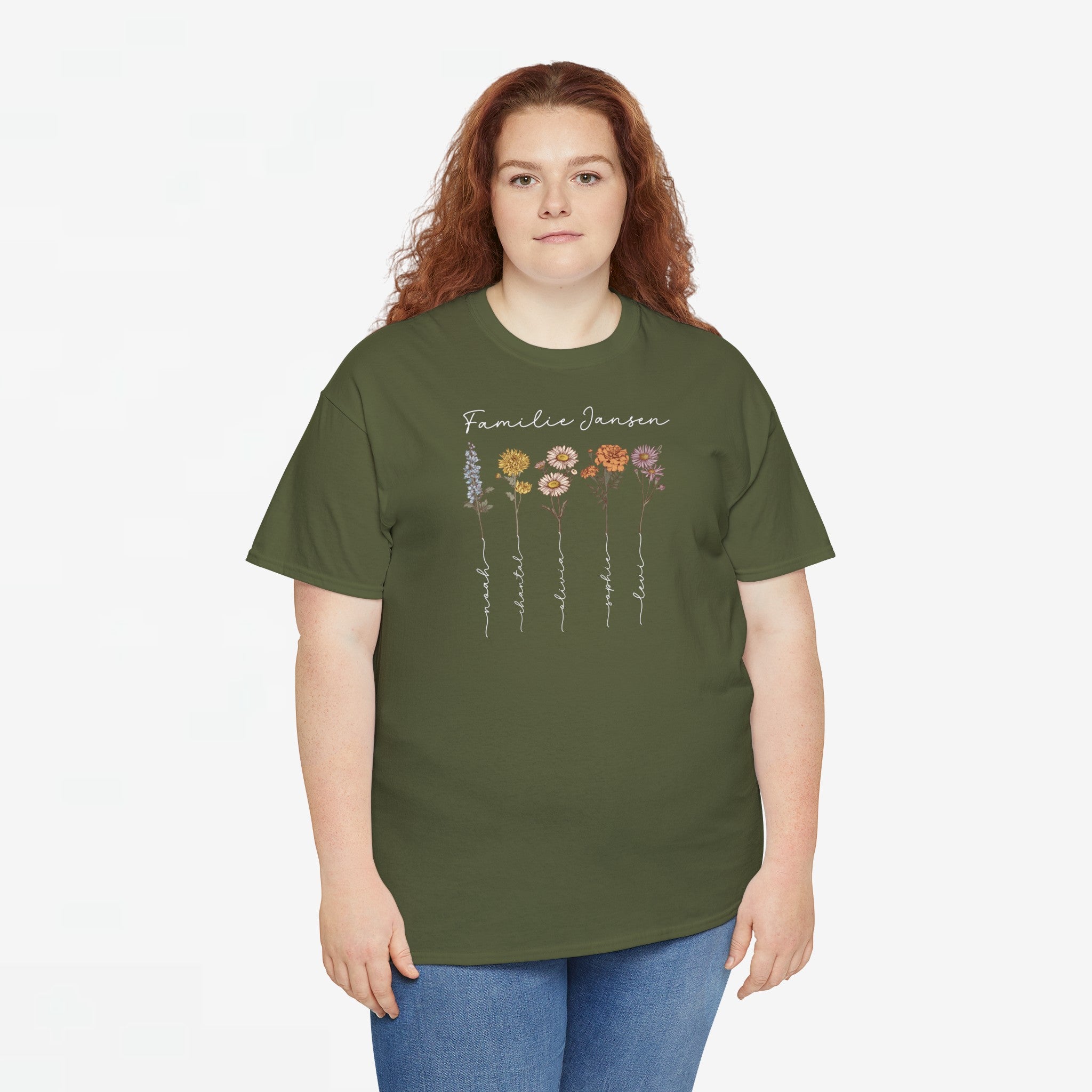 Gepersonaliseerde Moederdag Mama Cadeau - T-shirt - Familienaam met namen en geboortemaand bloemen