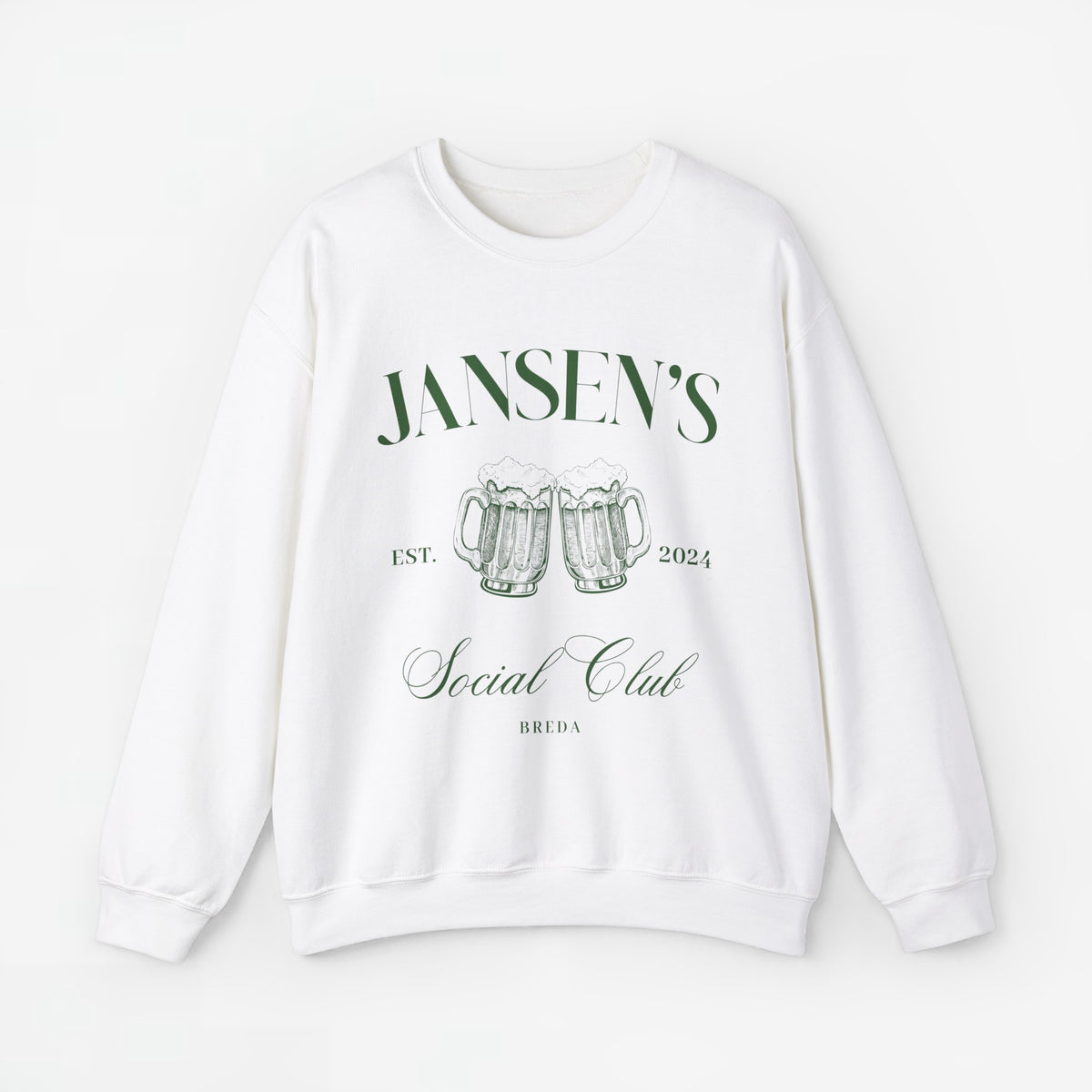 Witte sweatshirt met opdruk 'JANSEN'S', bierpullen en 'EST. 2024', ronde hals