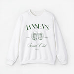 Witte sweatshirt met opdruk 'JANSEN'S', bierpullen en 'EST. 2024', ronde hals