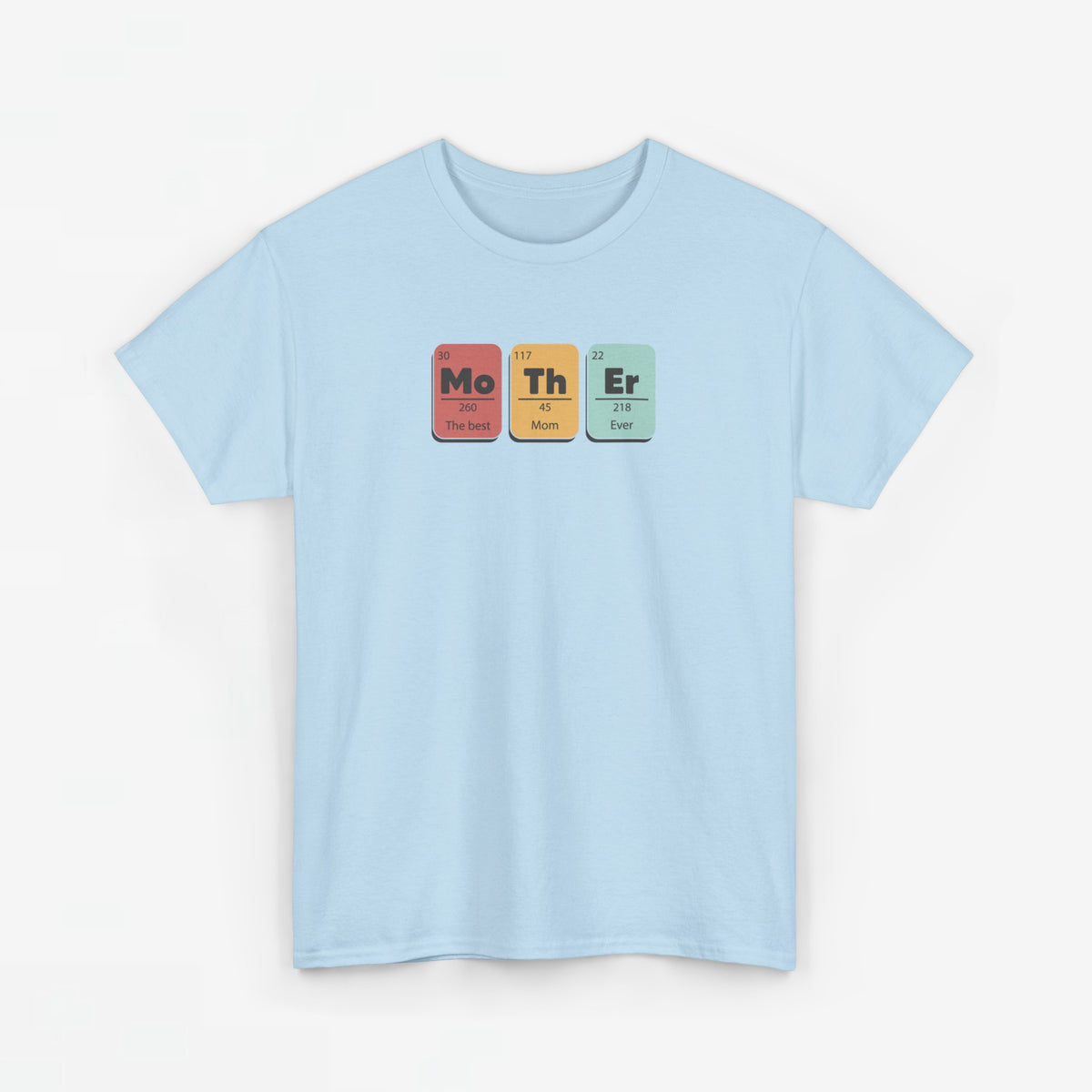 Lichtblauwe T-shirt met ronde hals en elementenprint (Mo Th Er) op borst