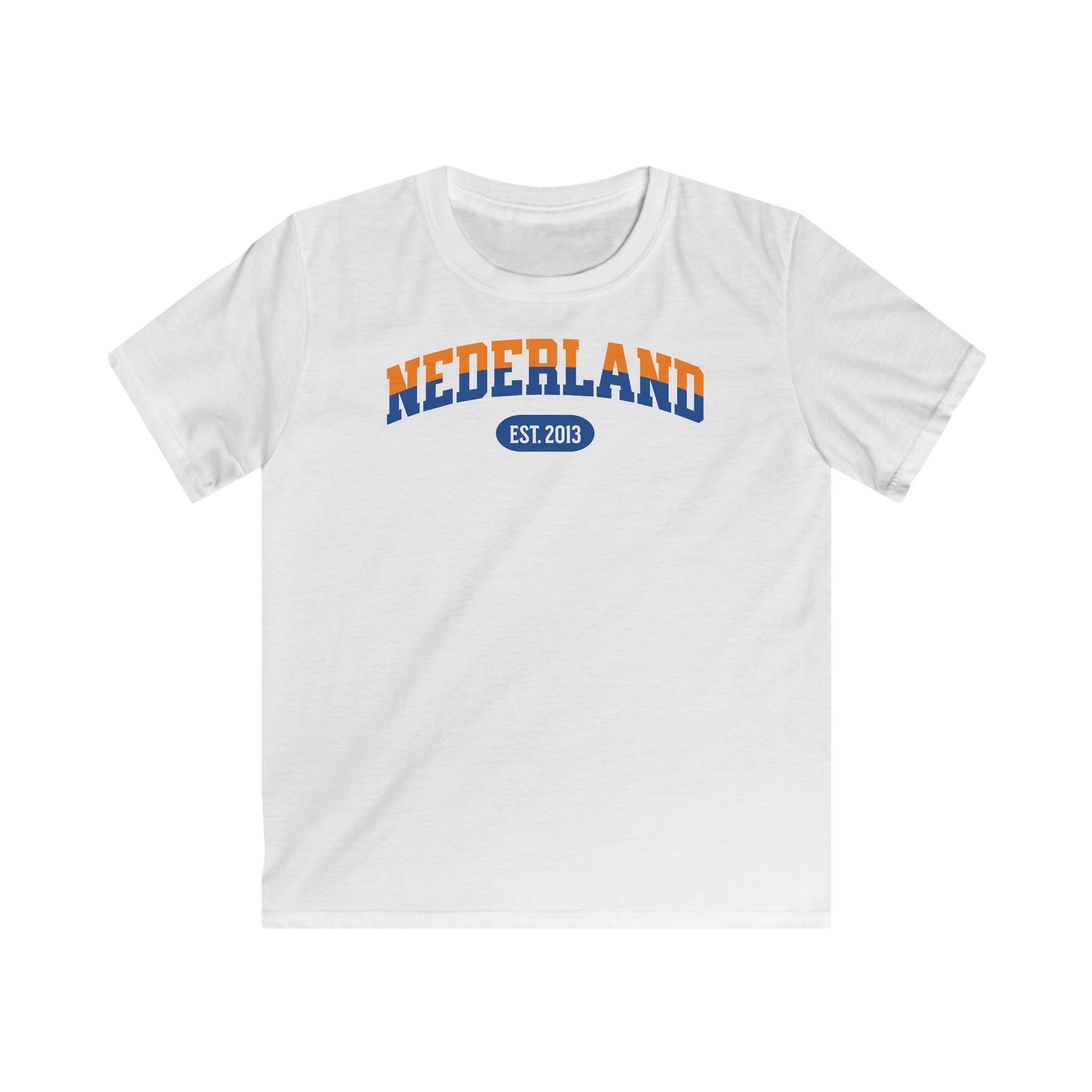 Kind Voetbal T-shirt - EK, WK en Koningsdag Kinderkleding - Personaliseer met Naam, Jaar & Rugnummer - NEDERLAND (oranje en blauwe tekst)