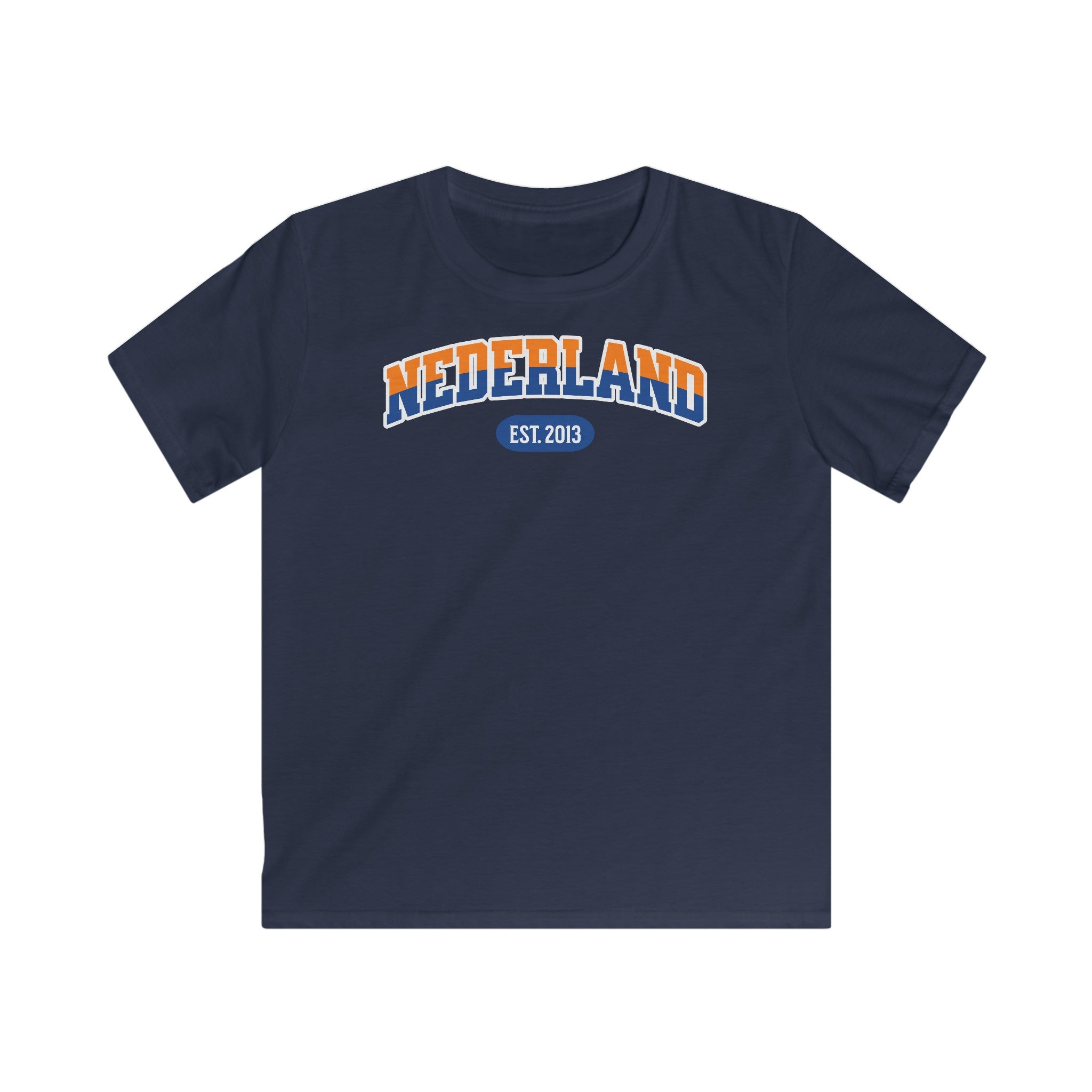 Kind Voetbal T-shirt - EK, WK en Koningsdag Kinderkleding - Personaliseer met Naam, Jaar & Rugnummer - NEDERLAND (oranje en blauwe tekst)