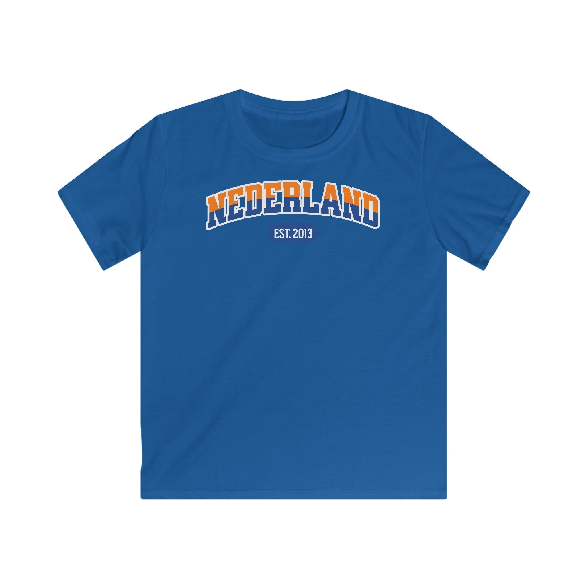 Kind Voetbal T-shirt - EK, WK en Koningsdag Kinderkleding - Personaliseer met Naam, Jaar & Rugnummer - NEDERLAND (oranje en blauwe tekst)