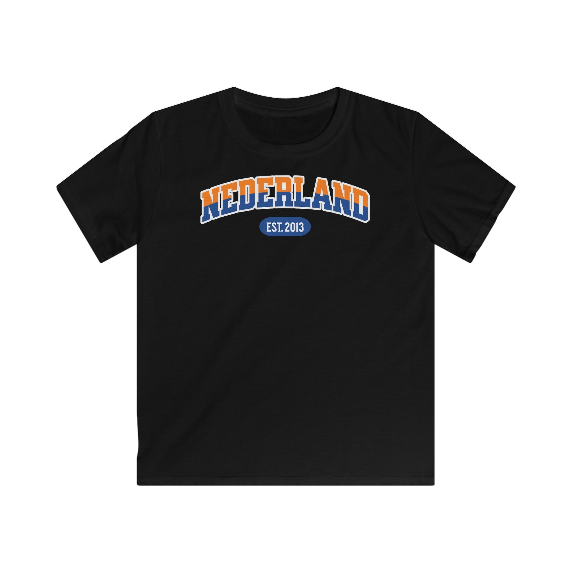 Kind Voetbal T-shirt - EK, WK en Koningsdag Kinderkleding - Personaliseer met Naam, Jaar & Rugnummer - NEDERLAND (oranje en blauwe tekst)