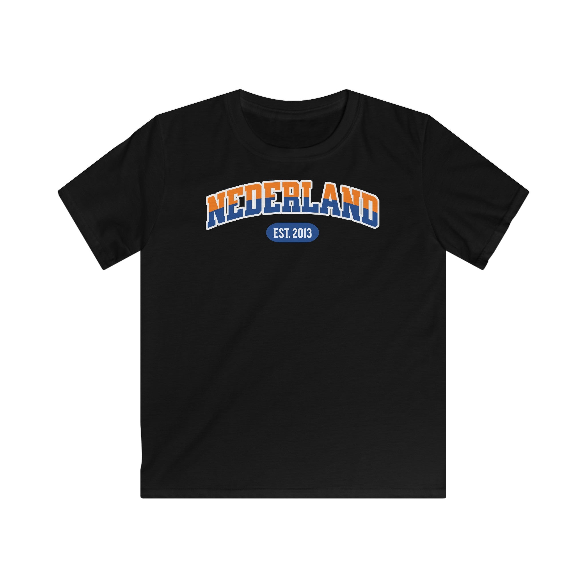 Kind Voetbal T-shirt - EK, WK en Koningsdag Kinderkleding - Personaliseer met Naam, Jaar & Rugnummer - NEDERLAND (oranje en blauwe tekst)
