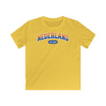 Kind Voetbal T-shirt - EK, WK en Koningsdag Kinderkleding - Personaliseer met Naam, Jaar & Rugnummer - NEDERLAND (oranje en blauwe tekst)
