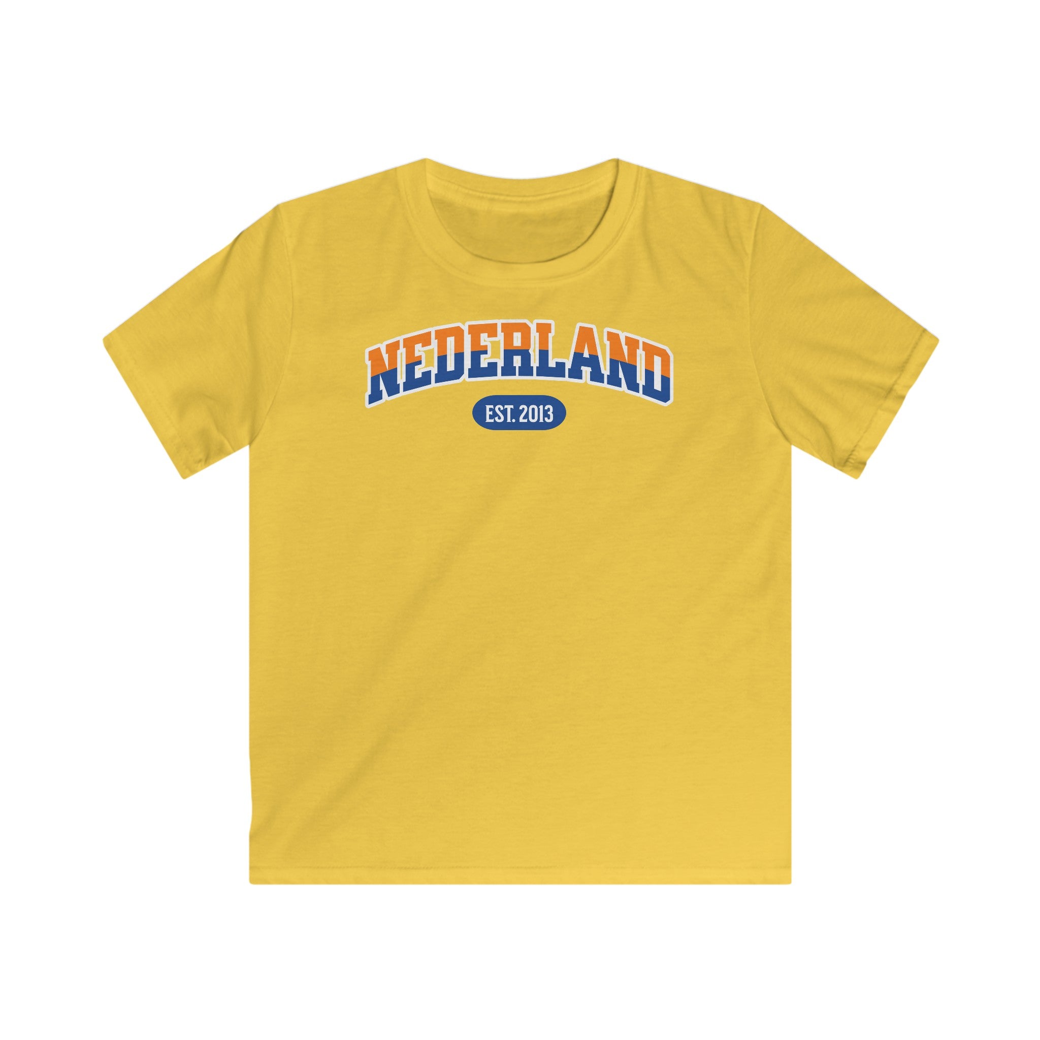 Kind Voetbal T-shirt - EK, WK en Koningsdag Kinderkleding - Personaliseer met Naam, Jaar & Rugnummer - NEDERLAND (oranje en blauwe tekst)