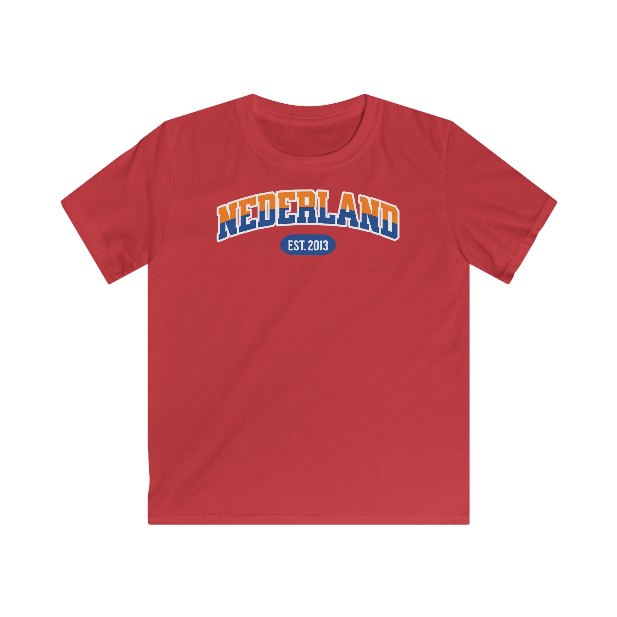 Kind Voetbal T-shirt - EK, WK en Koningsdag Kinderkleding - Personaliseer met Naam, Jaar & Rugnummer - NEDERLAND (oranje en blauwe tekst)
