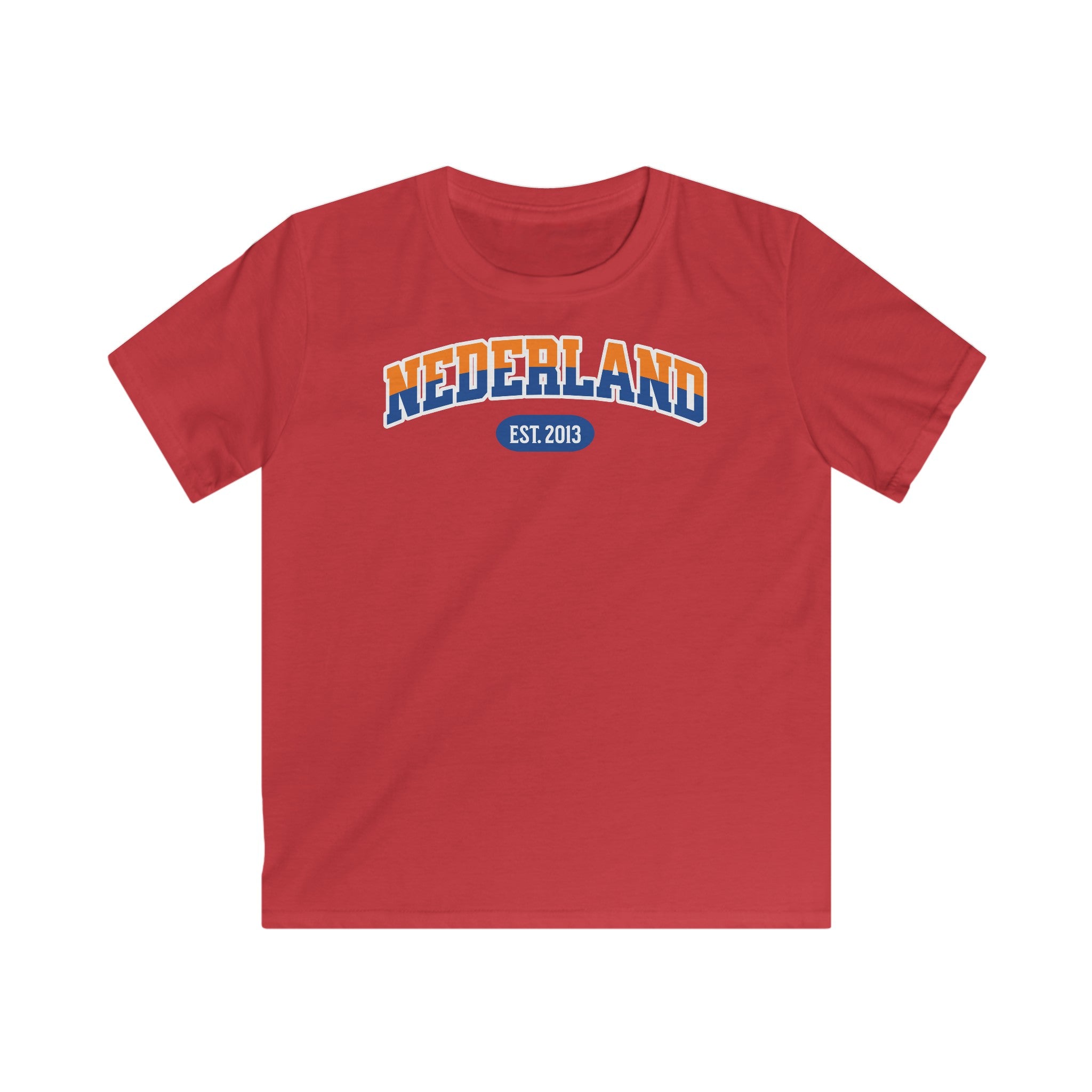 Kind Voetbal T-shirt - EK, WK en Koningsdag Kinderkleding - Personaliseer met Naam, Jaar & Rugnummer - NEDERLAND (oranje en blauwe tekst)