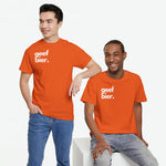 Oranje oversized T-shirt met korte mouwen en witte 'geef bier.' voorprint.