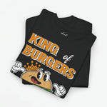 Twee zwarte T-shirts met voorprint 'KING of BURGERS' en burgerfiguur