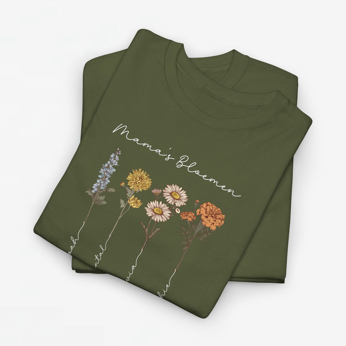 T-shirt in legergroen met bloemenprint en witte siertekst over de borst