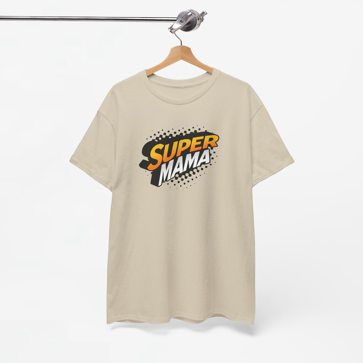 Sandkleurig T-shirt met Super Mama bedrukking en ronde hals
