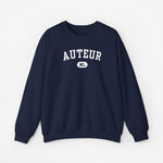 Marineblauwe sweater met ronde hals en borstprint 'AUTEUR' NL.