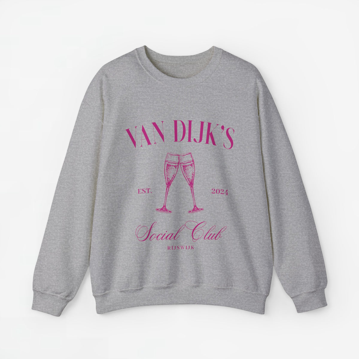 Grijze sweater met roze 'VAN DIJK'S Social Club' print en twee wijnglazen