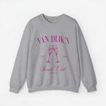 Grijze sweater met roze 'VAN DIJK'S Social Club' print en twee wijnglazen