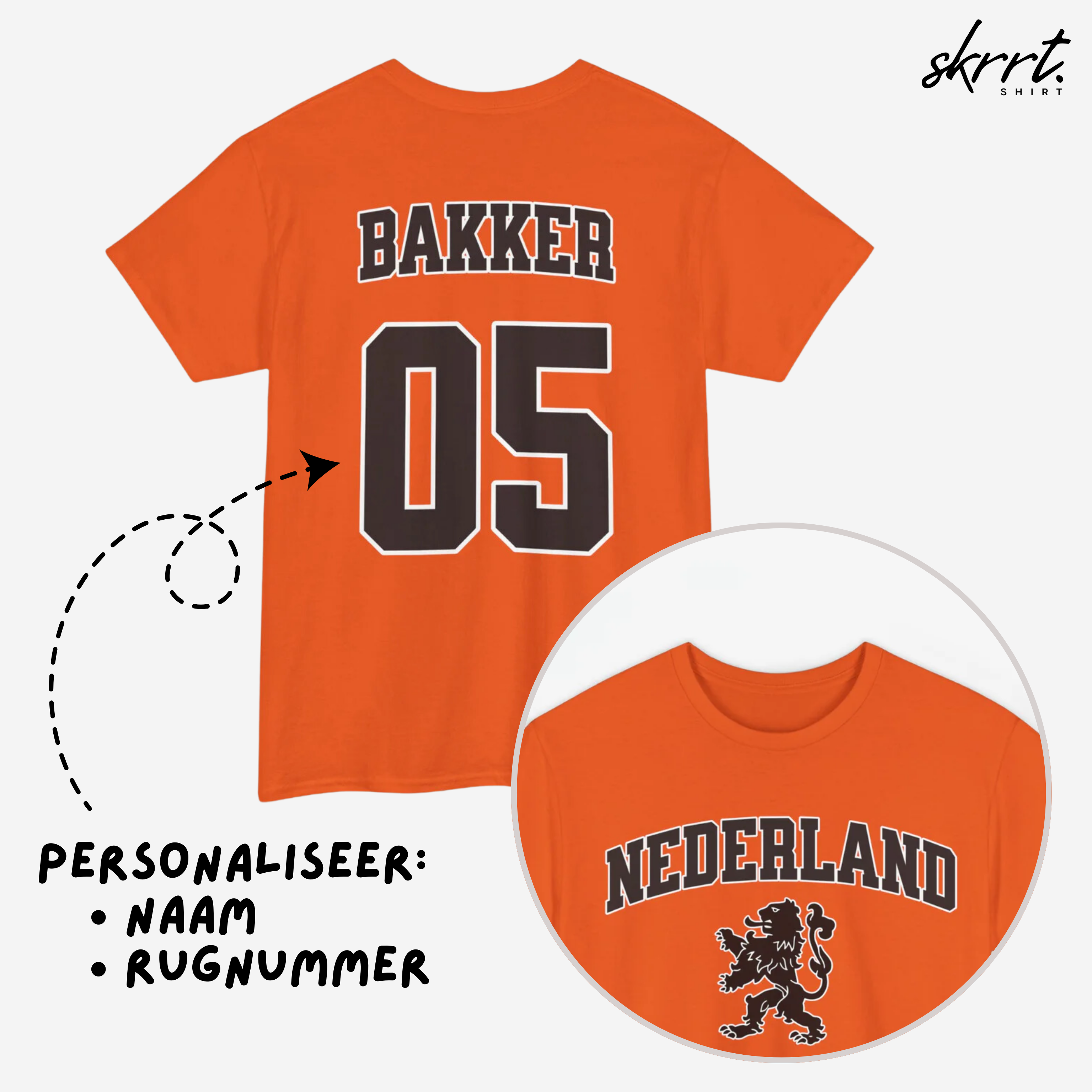 Oranje T-shirt voor EK, WK en Koningsdag - Personaliseer met Naam & Rugnummer - NEDERLAND met Leeuw (zwarte tekst)