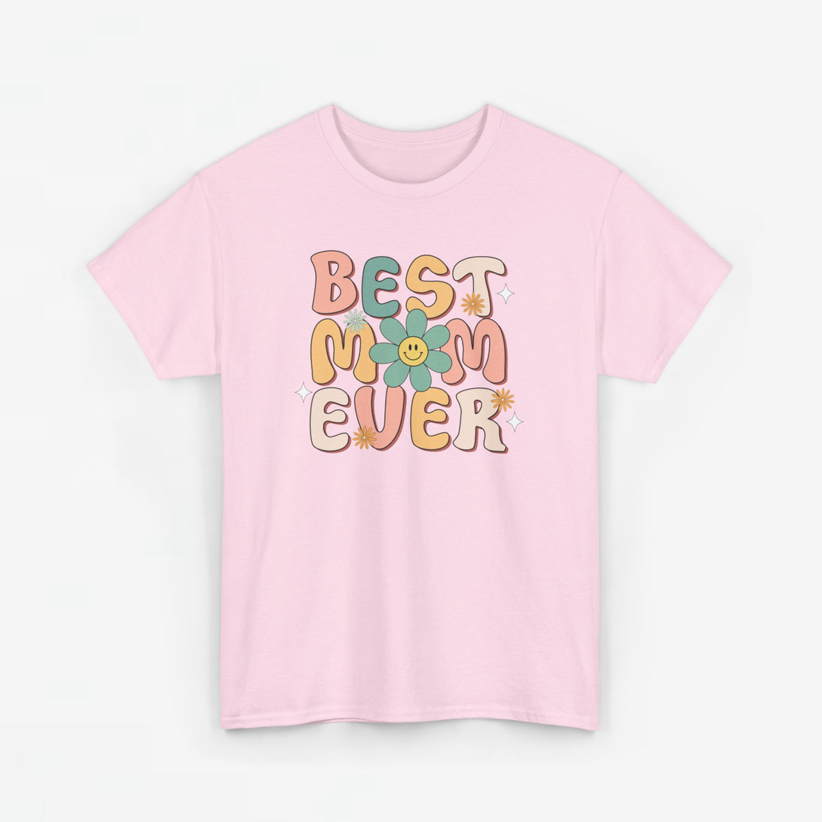 Roze T-shirt plat liggend met ronde hals en kleurrijke tekstprint “BEST MOM EVER”