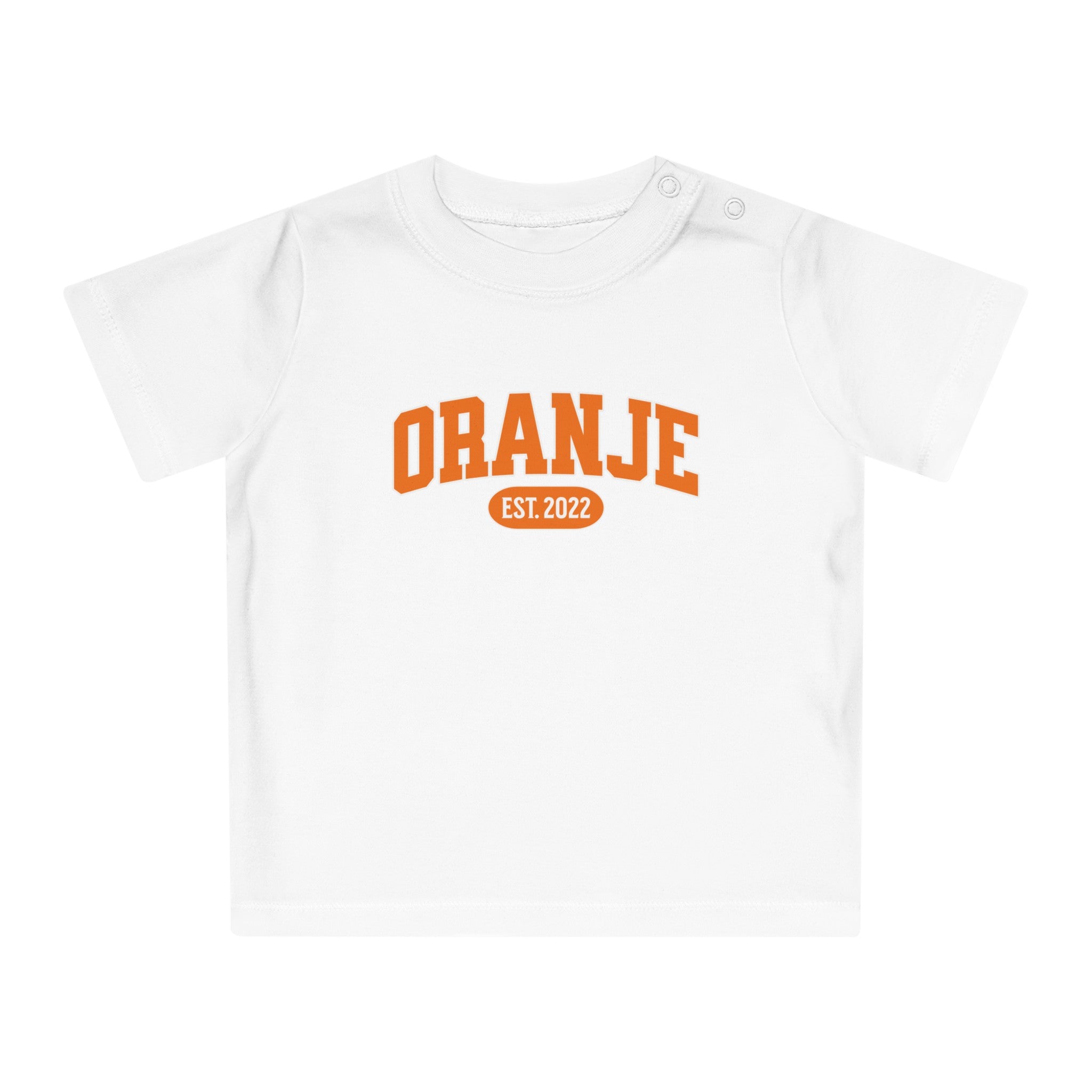 Baby T-shirt voor EK, WK en Koningsdag - Personaliseer met Naam, Jaar & Rugnummer - ORANJE
