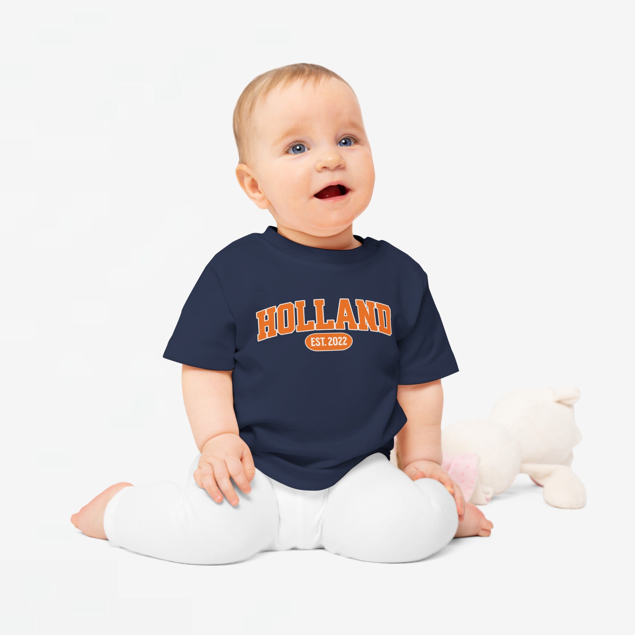 Baby T-shirt voor EK, WK en Koningsdag - Personaliseer met Naam, Jaar & Rugnummer - HOLLAND