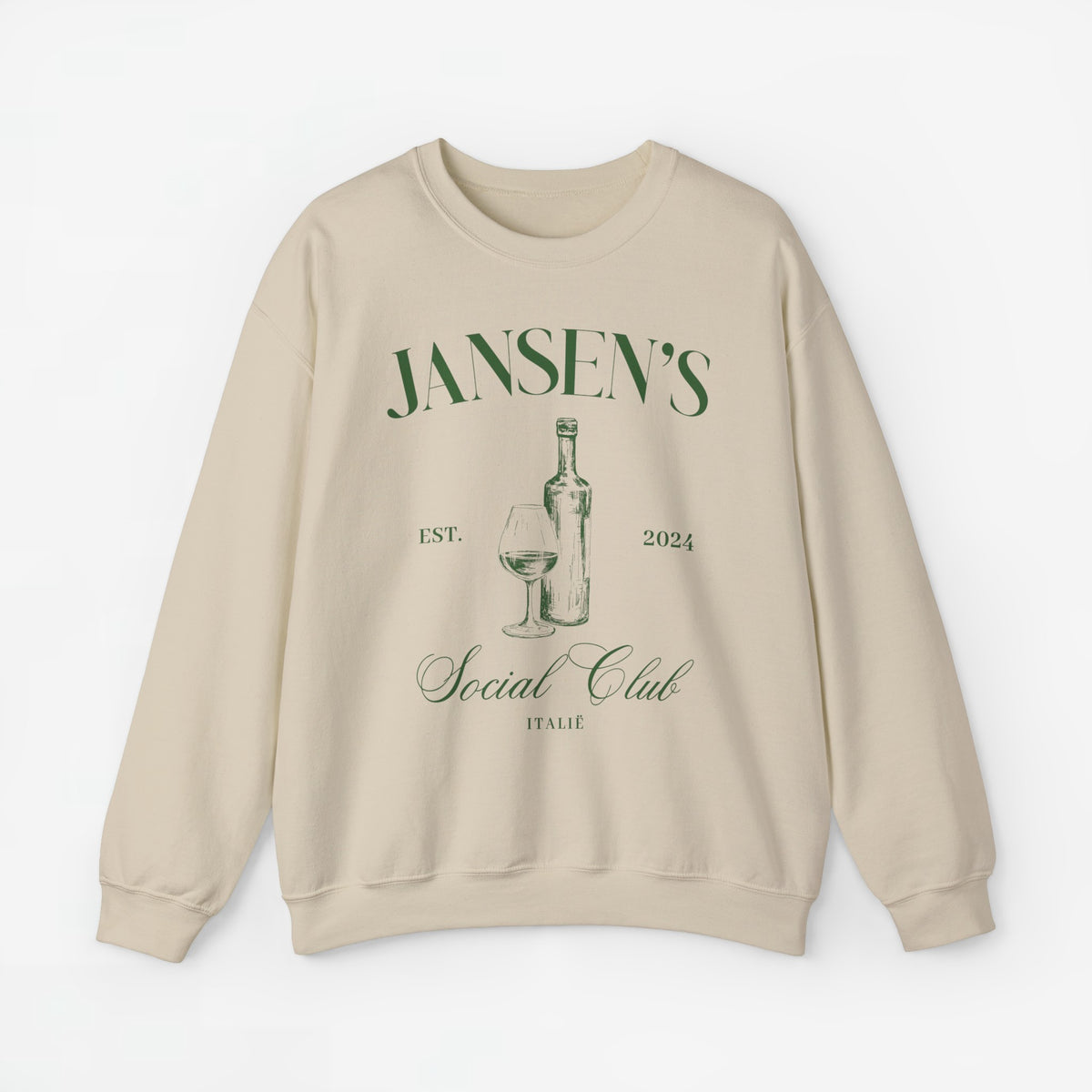 Beige sweater met ronde hals en opdruk van fles en wijnglas op de borst