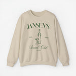 Beige sweater met ronde hals en opdruk van fles en wijnglas op de borst