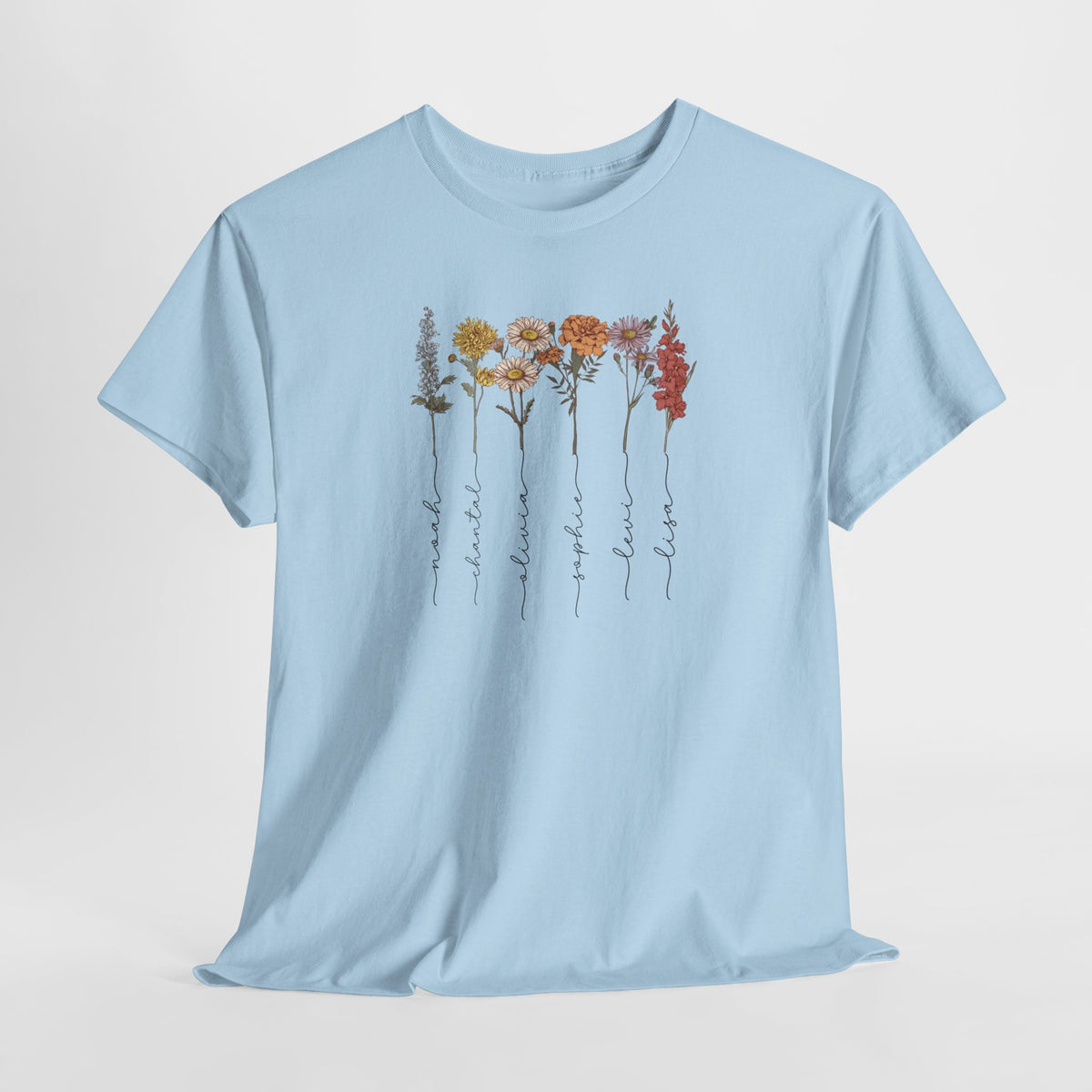 Lichtblauw T-shirt met borstprint van bloemen en verticale namen