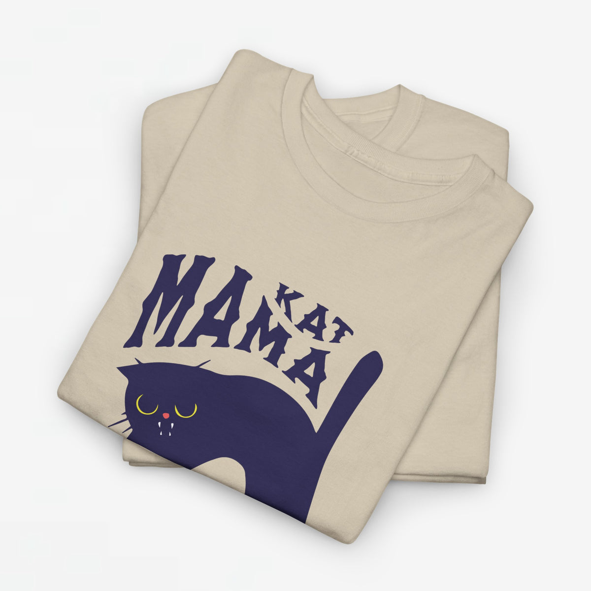 Zandkleurige oversized T-shirt met donkerblauwe kattenprint en "MAMA"-opdruk
