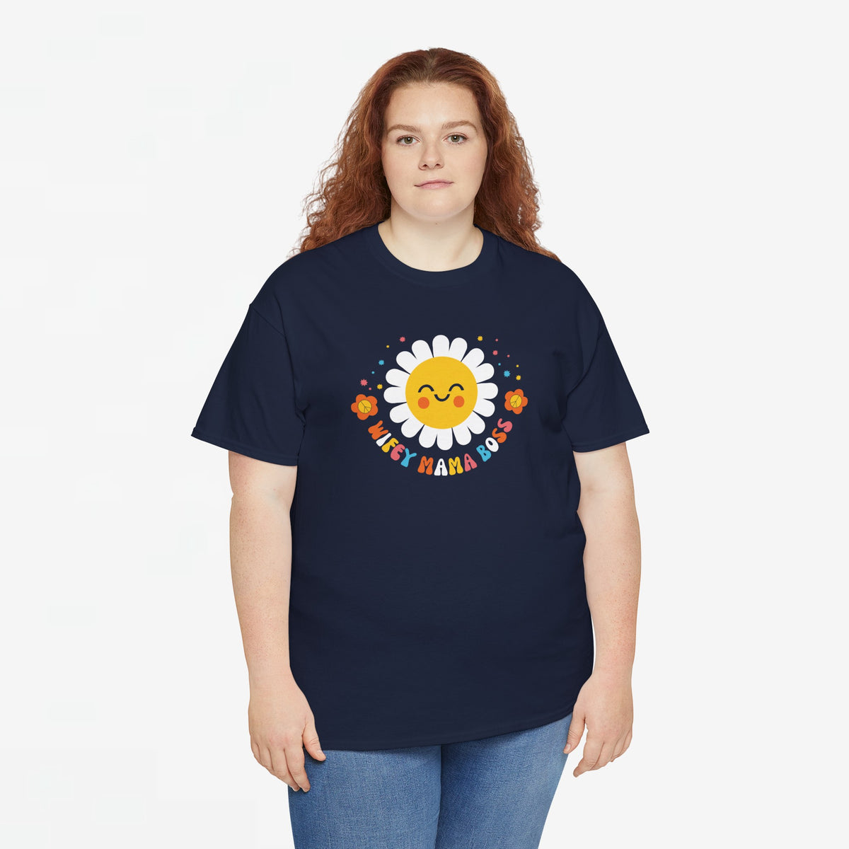 Oversized T-shirt navy met lachende zon en bloemenprint "Wifey Mama Boss"