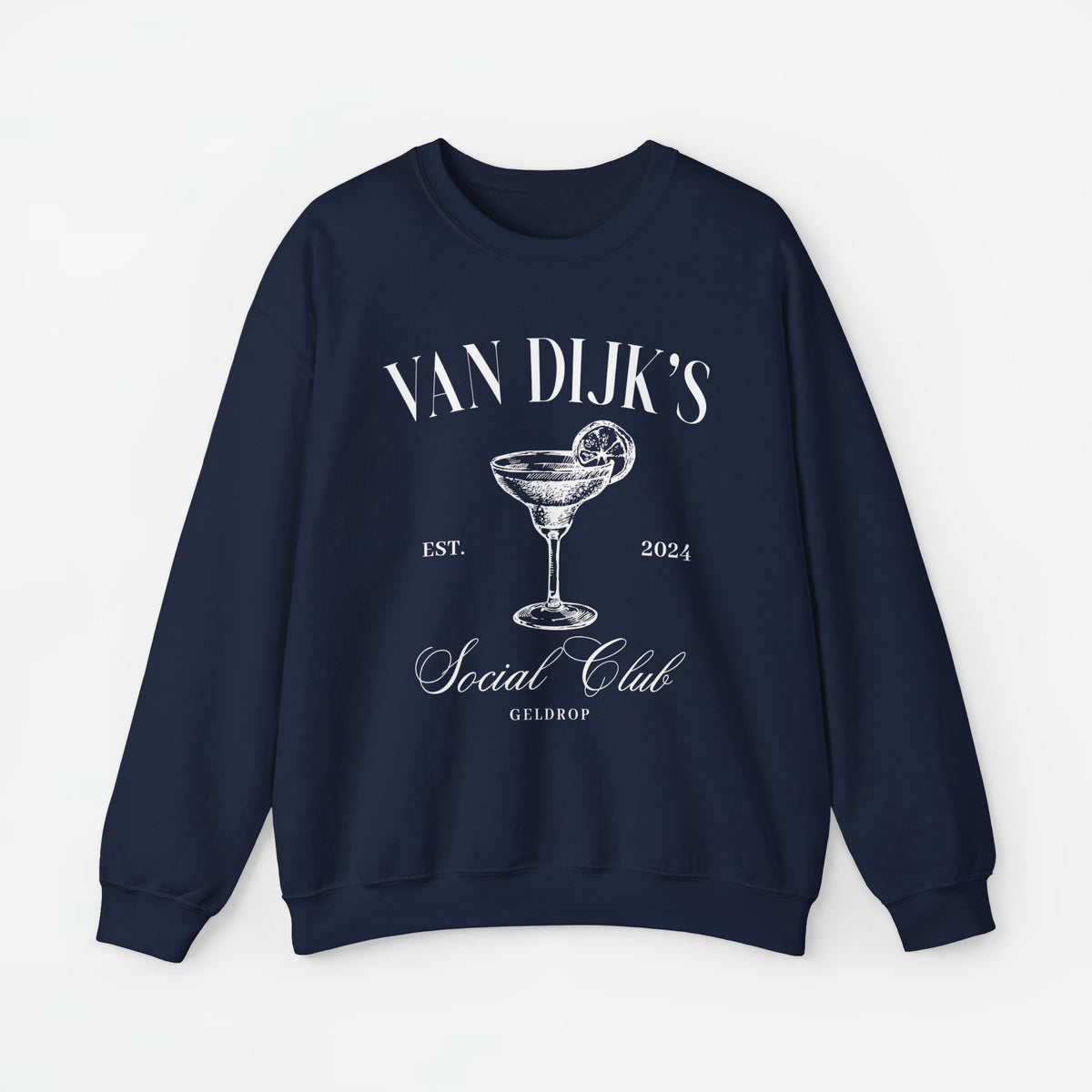 Marineblauwe sweatshirt met ronde hals en opdruk van cocktailglas met tekst