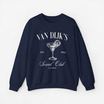 Marineblauwe sweatshirt met ronde hals en opdruk van cocktailglas met tekst