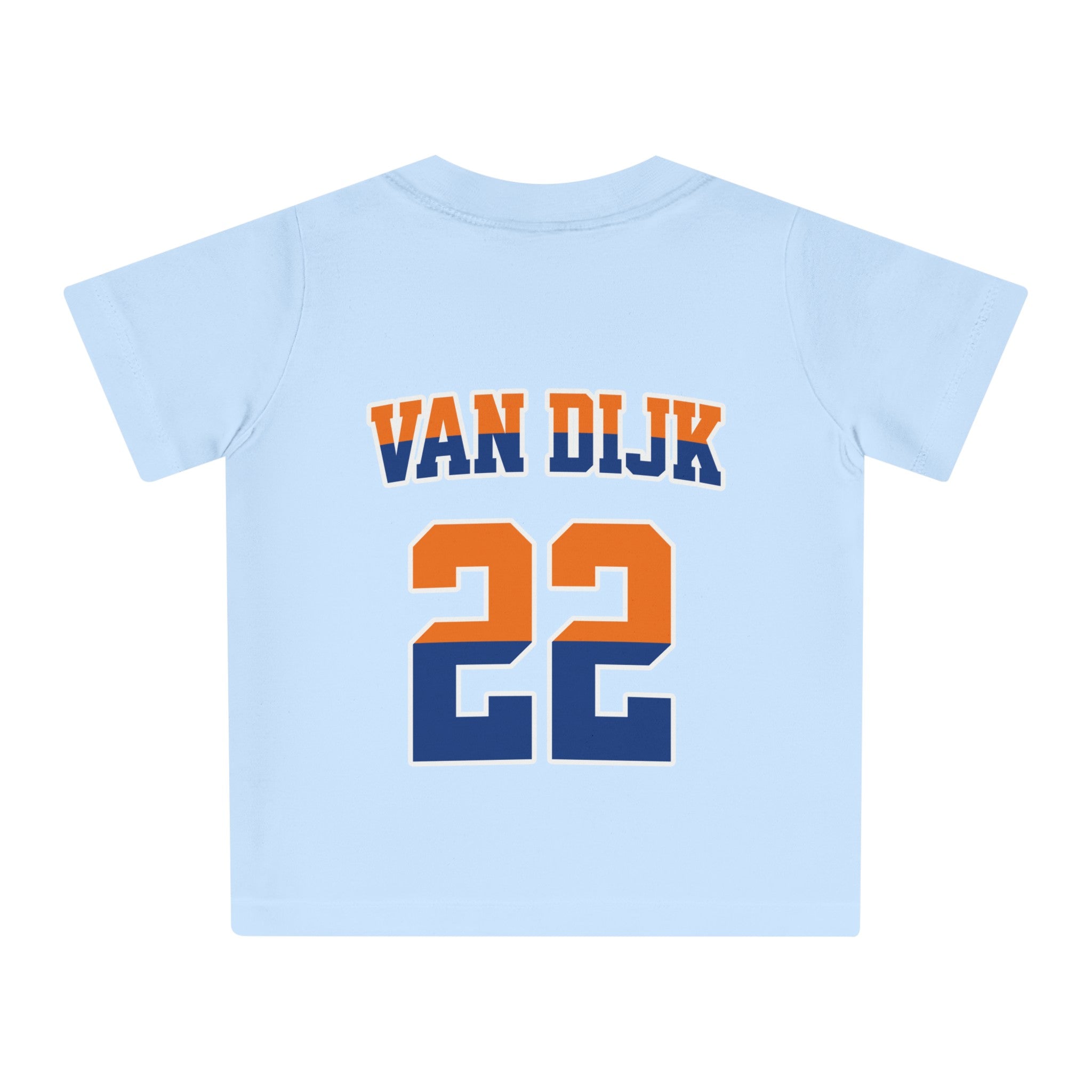 Baby T-shirt voor EK, WK en Koningsdag - Personaliseer met Naam, Jaar & Rugnummer - HOLLAND (oranje en blauwe tekst)