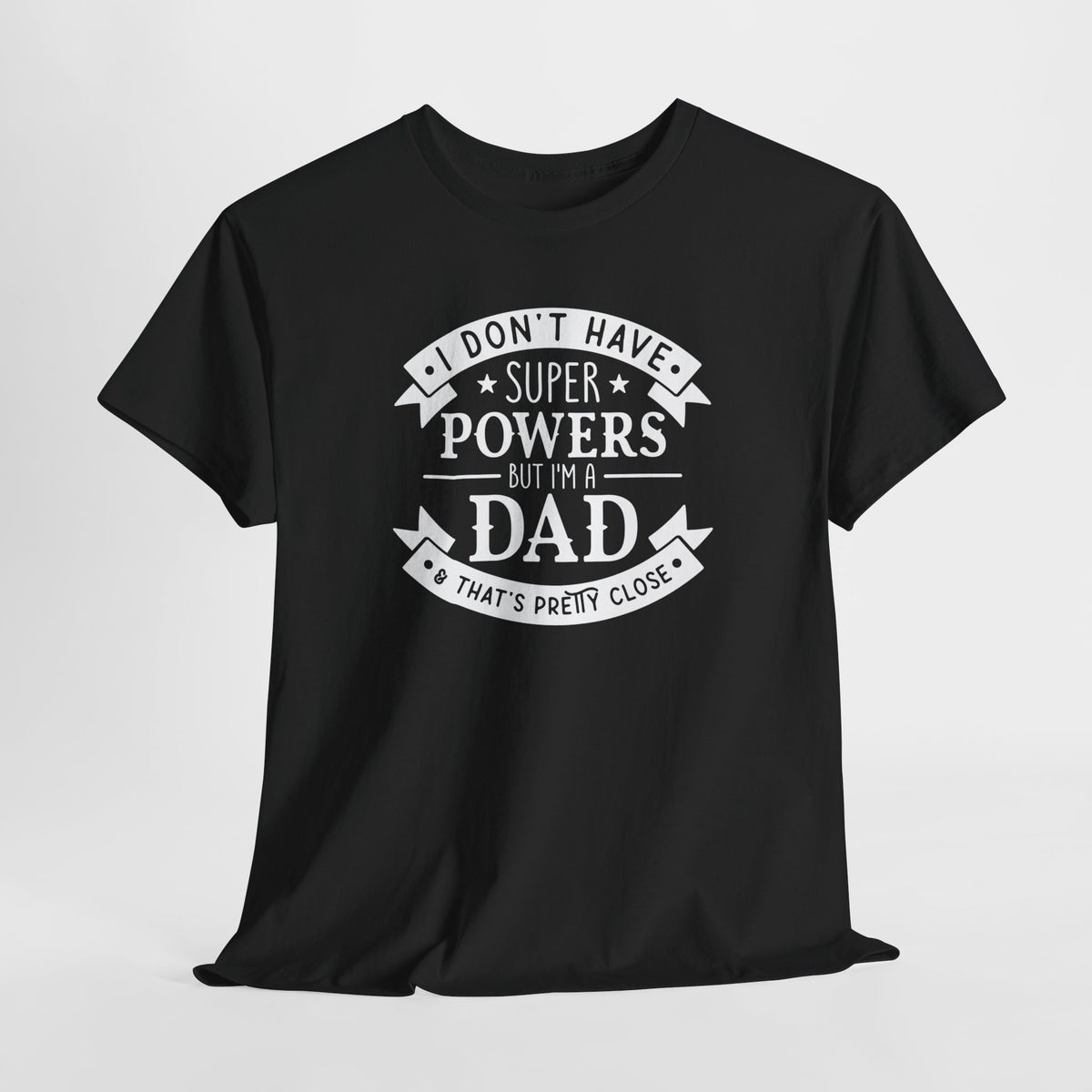 Zwarte oversized T-shirt met witte tekstprint “superpowers” en “dad”