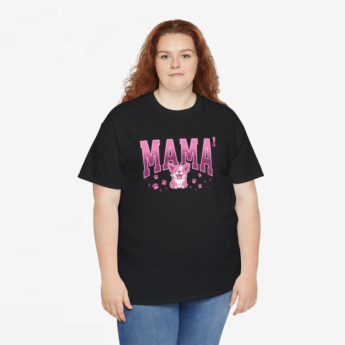 Zwart oversized T-shirt met roze 'MAMA'-print en korte mouwen op model